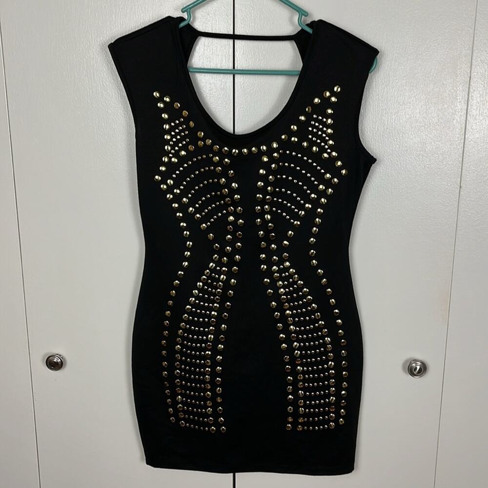 Symphony Knit Black Dress with Gold Metallic Dots Size Large Short Sleeveless - Picture 2 of 9